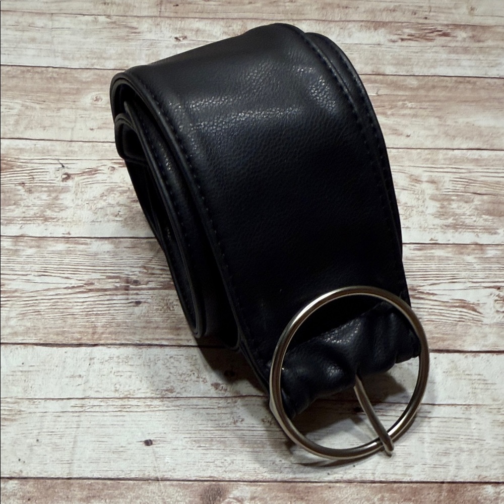 Black Faux Leather 3" wide Belt with Silver Tone Buckle